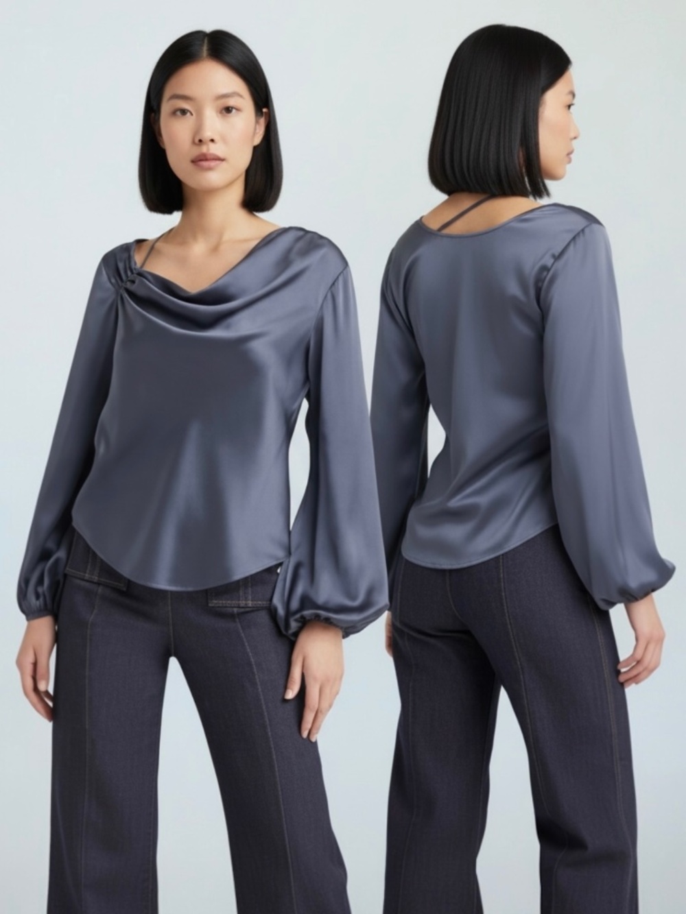 New Cinq a Sept Top Jordy Cowlneck Silk Blouse in Slate Blue Size XL